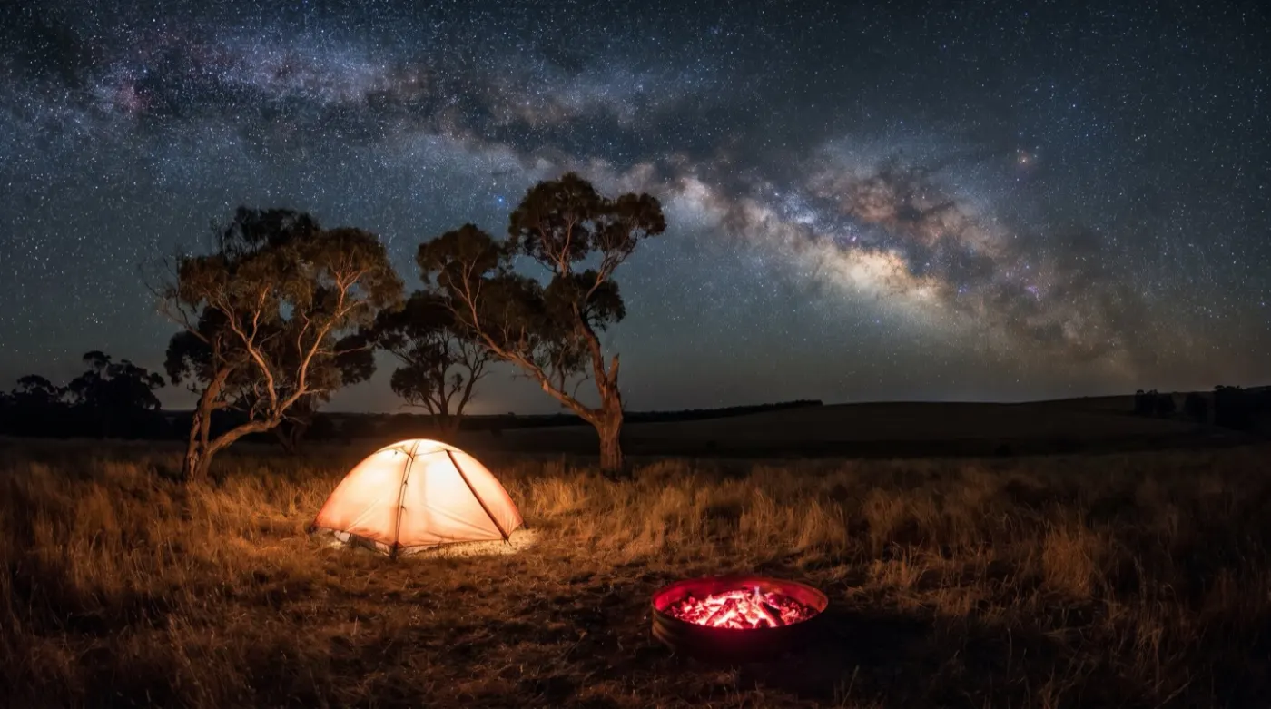 A tent glowing under the Milky Way in open wheatbelt country, with gum trees silhouetted against the night sky