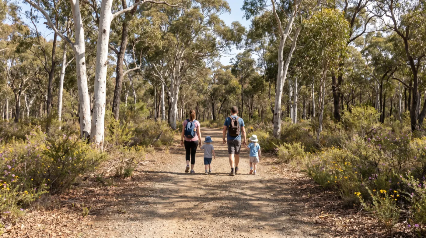 Family with two small children walking a flat gravel trail through gum woodland with spring wildflowers