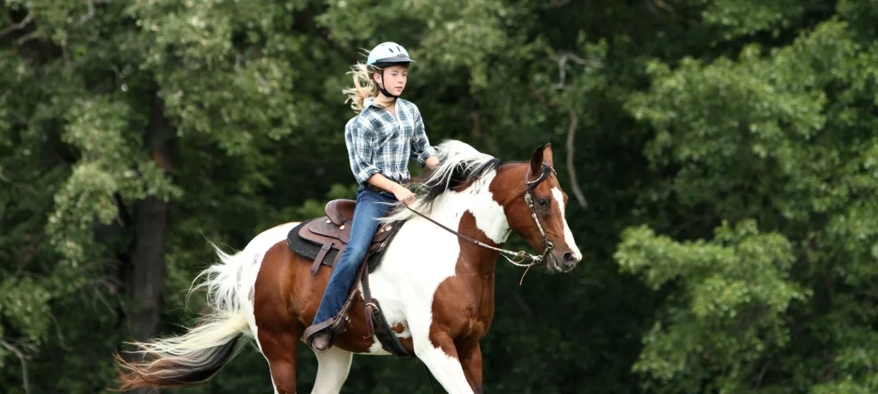 Young rider in a helmet and plaid shirt riding a brown and white pinto horse across a grassy field