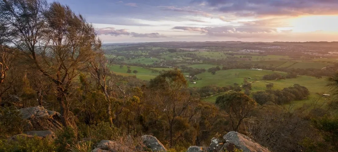 Looking over farmland from the lookout above Mount Barker at dusk