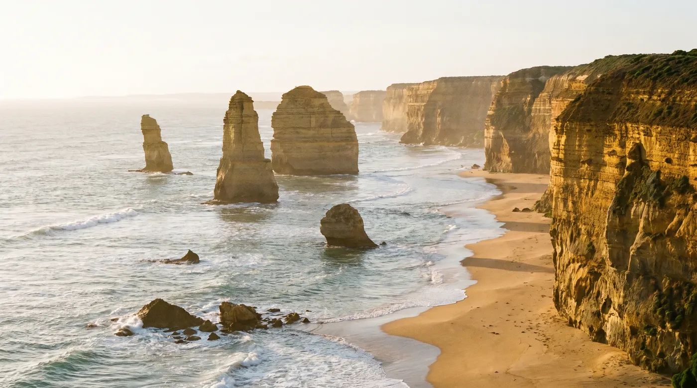 Limestone sea stacks and cliffs along the Twelve Apostles coast on the Great Ocean Road