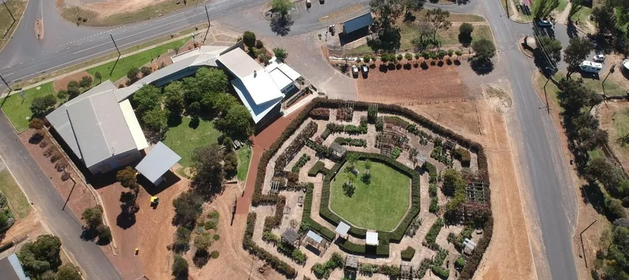 Aerial view of Kodja Place and the Rose Maze in Kojonup