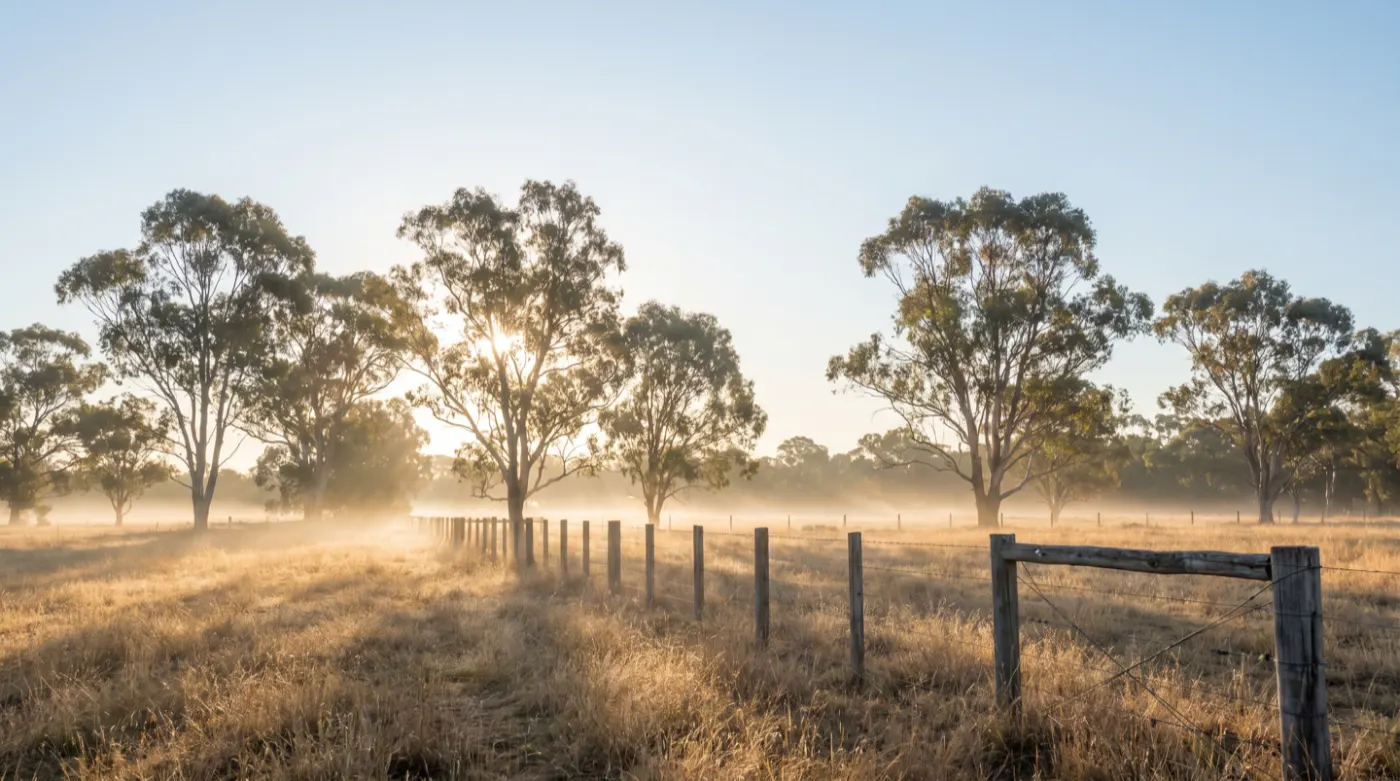 Early morning mist over dry grass paddocks and a timber fence line among gum trees in Great Southern farming country