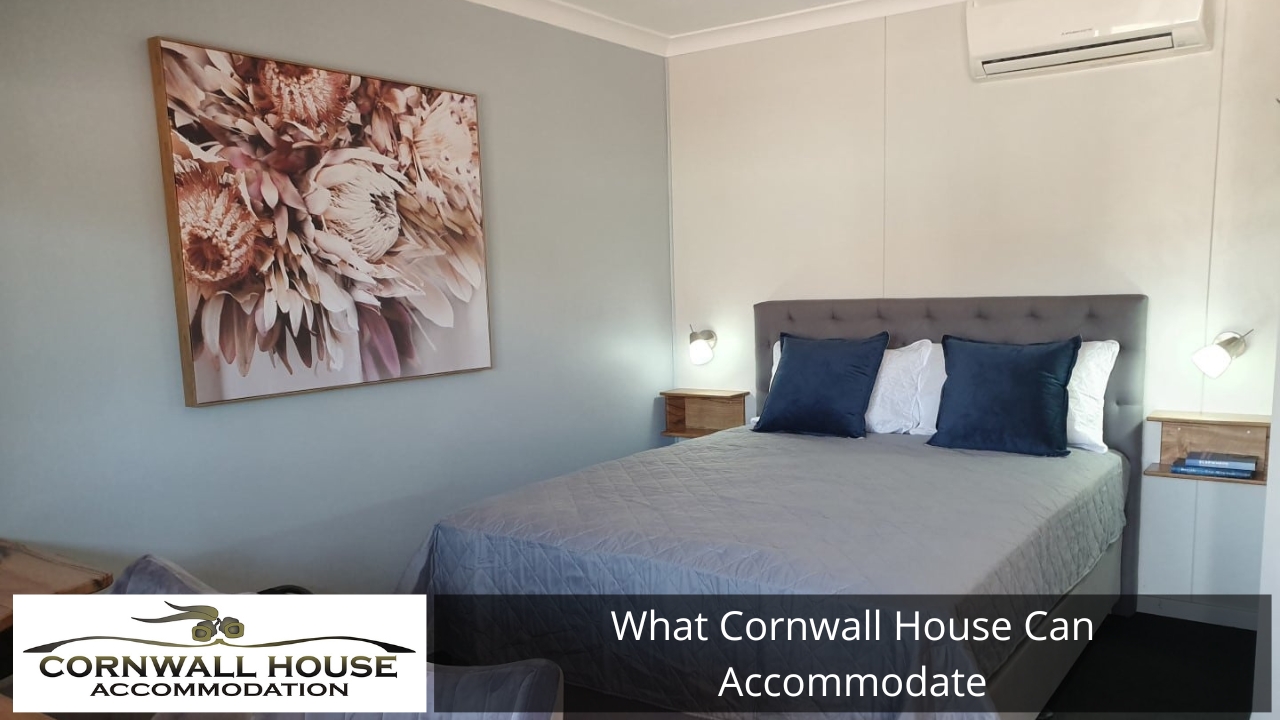 A modern, tidy bedroom at Cornwall House Accommodation featuring a grey bed with navy pillows and a large floral art piece on the wall